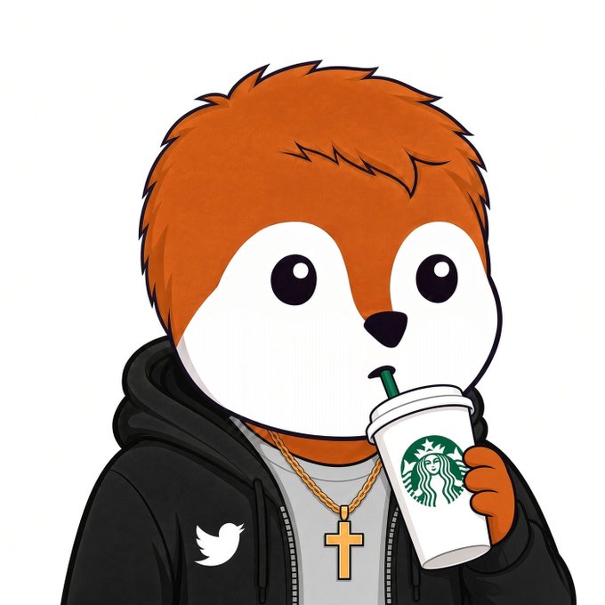 A cartoon illustration of a character with a dog-like face, orange hair, a black hoodie with a Twitter bird logo, and a gold cross necklace, who is drinking from a white Starbucks cup with a green straw.