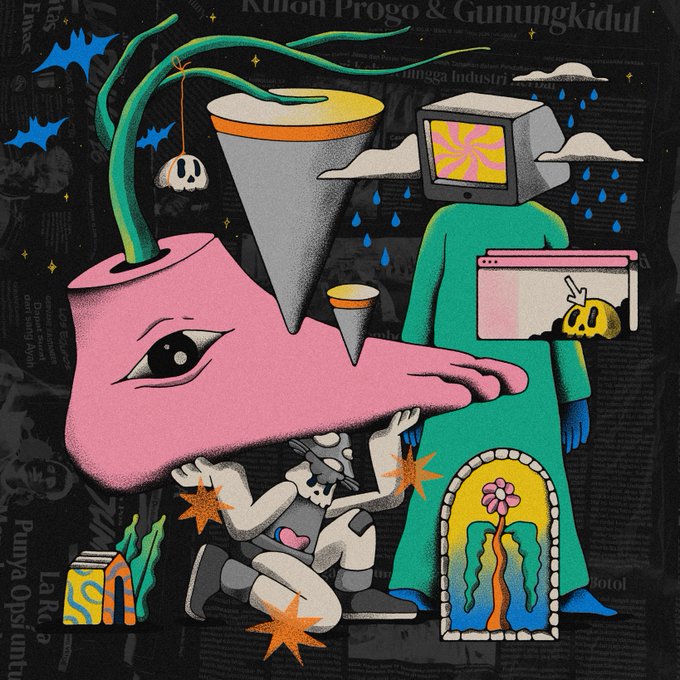 A vibrant surrealist illustration featuring a large pink creature with an eye, a figure with a television for a head, and various colorful abstract elements.