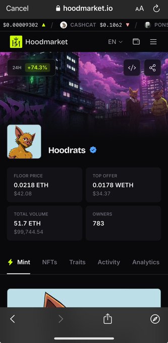 A screenshot from hoodmarket.io showing the Hoodrats NFT collection page, which displays a floor price of 0.0218 ETH ($42.08), a top offer of 0.0178 WETH ($34.37), a total volume of 51.7 ETH ($99,744.54), and 783 owners—visually supporting the post's claim that the platform offers a full-featured NFT marketplace.
