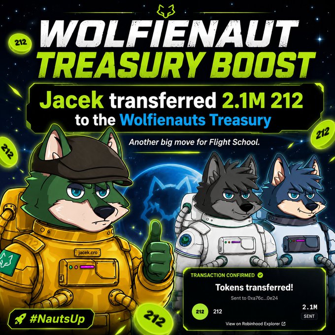 Wolfienaut Treasury Boost announcement stating 'Jacek transferred 2.1M 212 to the Wolfienauts Treasury,' featuring cartoon wolf characters in astronaut suits with a confirmed transaction to address 0xa76c...0e24.