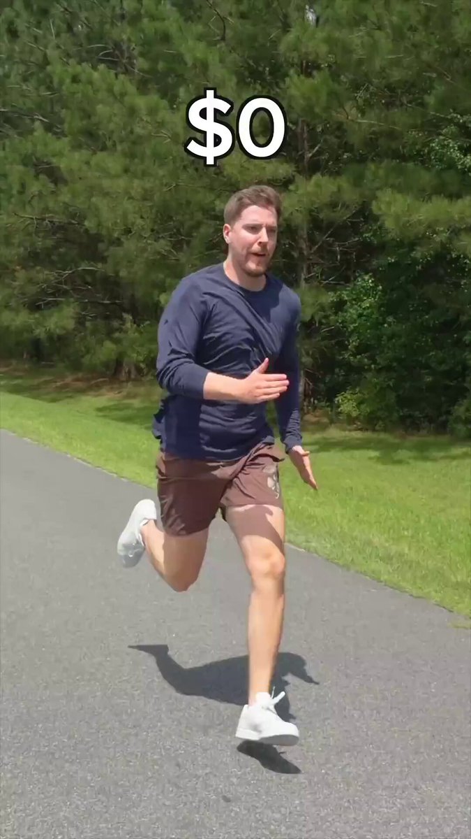 The image shows a man running down a street, wearing shorts and white shoes while holding his breath as he runs past a tree. The photo has been edited with a filter that changes the text "POV" to "POV: me after referring a whole village to Polymarket".