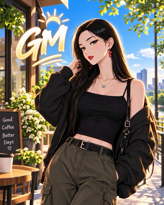 An anime-style illustration shows a woman with long black hair in a black crop top and olive cargo pants standing near a 'Good Coffee Better Days' sign, with 'GM' text and a sun graphic in the background.
