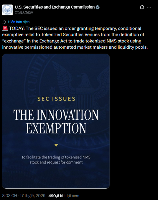 A screenshot of a tweet from @SECGov announcing 'The Innovation Exemption' to facilitate trading of tokenized NMS stock, posted at 8:03 AM on September 17, 2026.