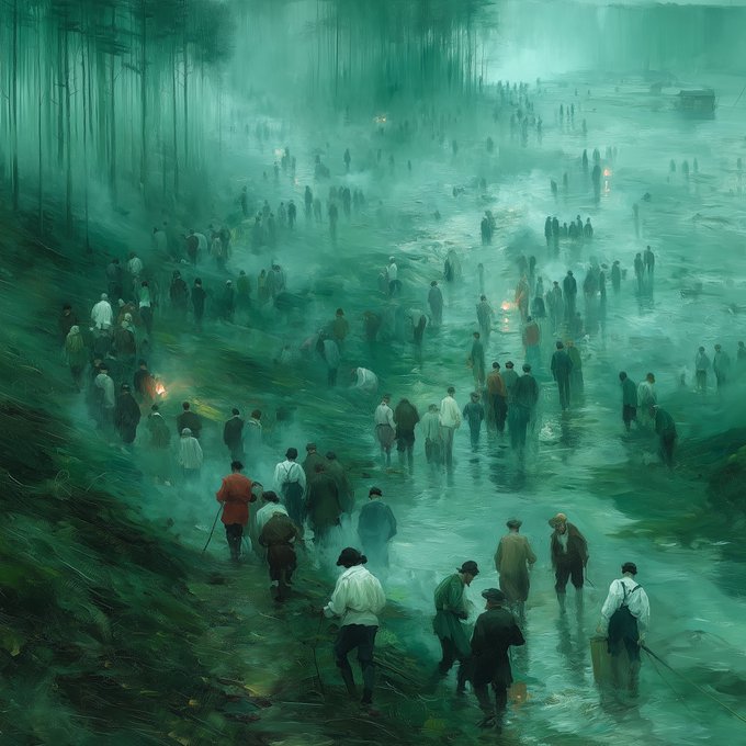 A misty, teal-toned landscape teems with dozens of small figures gathered along a foggy shoreline, their forms dissolving into an atmospheric haze reminiscent of a ghostly pilgrimage or ethereal ritual. The scene evokes the otherworldly, dreamlike quality of a journey in search of something elusive, echoing the artwork's title "Star Seekers" as the crowd appears to wander toward an unseen horizon.