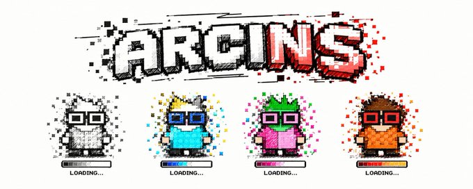 A pixel art logo for "ARCINS" featuring four loading cartoon characters in different colors (white, blue, pink, and brown) with loading bars beneath each.