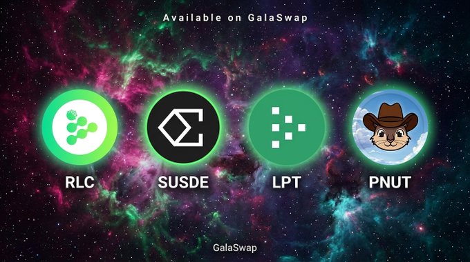 The image displays four cryptocurrency tokens—RLC, SUSDE, LPT, and PNUT—featured against a vibrant cosmic background, with the text "Available on GalaSwap" at the top and "GalaSwap" at the bottom. It visually promotes the announcement that these tokens are now tradeable on the GalaSwap platform, reinforcing the post's call to action for users to visit GalaSwap via the provided link.