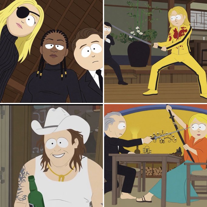 A four-panel scene featuring animated characters in various scenes, including a blonde woman in an eyepatch, a fight scene with a sword, a man in a white cowboy hat holding a bottle, and a woman wielding a weapon indoors.