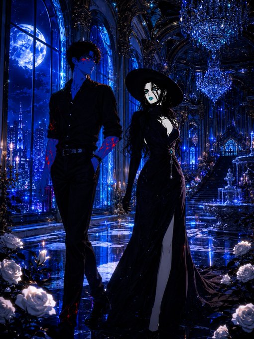 A dark gothic digital illustration of a couple in elegant black attire standing in a moonlit, chandelier-lit hall with city lights visible through arched windows and white roses scattered around.