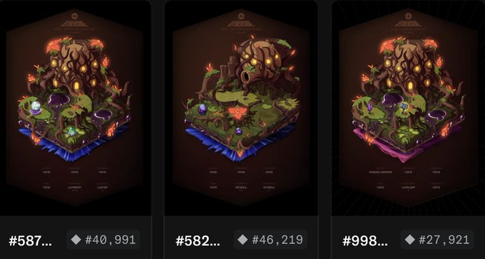 Three 3D isometric renderings of treehouse-themed NFT dioramas (likely Axie Infinity land plots) numbered #587..., #582..., and #998..., with diamond/ETH prices (#40,991, #46,219, #27,921) displayed at the bottom of each tile.