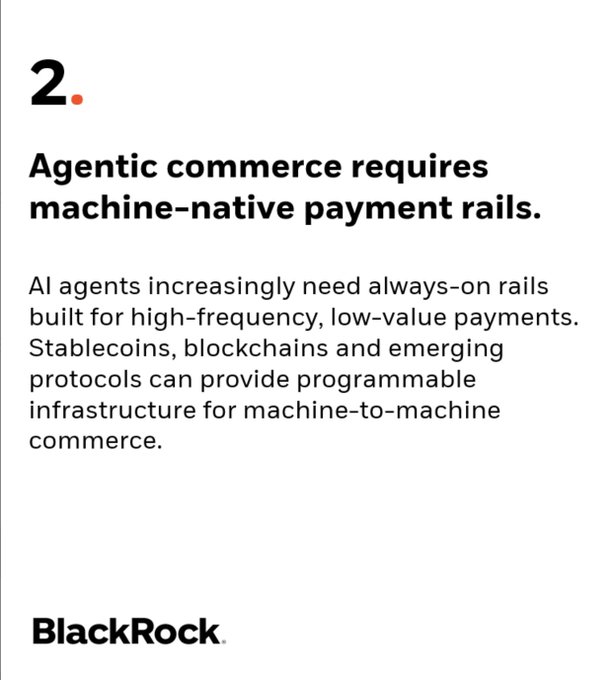 A BlackRock informational slide titled '2.' stating 'Agentic commerce requires machine-native payment rails,' explaining that AI agents need programmable infrastructure like stablecoins and blockchains for machine-to-machine commerce.