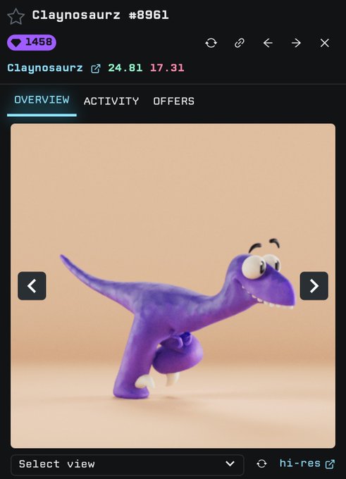 An NFT listing for 'Claynosaurz #8961' by Claynosaurz with a price of 24.81 and showing a 3D purple cartoon dinosaur.