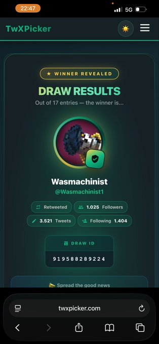 A mobile screenshot of the TwXPicker website showing draw results with the winner revealed as "Wasmachinist" (@Wasmachinist1), who has 1,025 followers and 3,621 tweets, with a draw ID of 919588289224.
