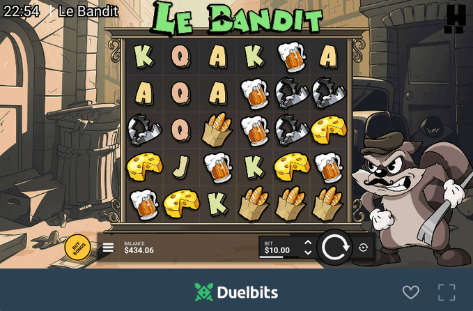 A screenshot of the 'Le Bandit' slot game on Duelbits showing a 5x5 grid with cheese, beer, baguette, and bread symbols, featuring a raccoon bandit character, a balance of $434.06, and a $10.00 bet.