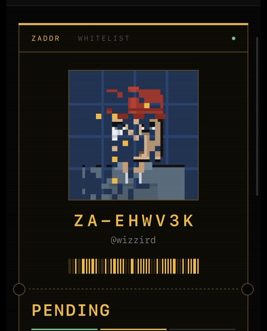 A ZADDR whitelist status screen showing the handle @wizzird, ID ZA-EHVV3K, status "PENDING," and a pixel art profile picture.