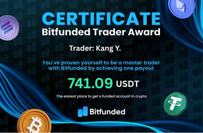 A digital certificate from Bitfunded honoring trader "Kang Y." as a "Bitfunded Trader Award" recipient for achieving a payout of **741.09 USDT**, featuring cryptocurrency coins and the Bitfunded logo. The image serves as a visual award celebrating the trader's profit withdrawal, directly illustrating the caption's announcement of a successful payout on the platform.
