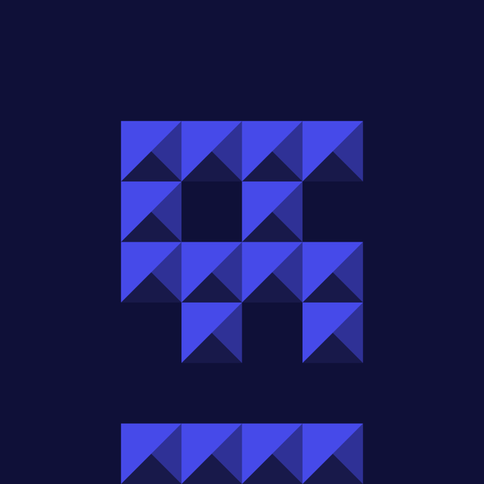 A dark blue background with a geometric pattern of blue and dark blue triangles arranged in a grid formation.