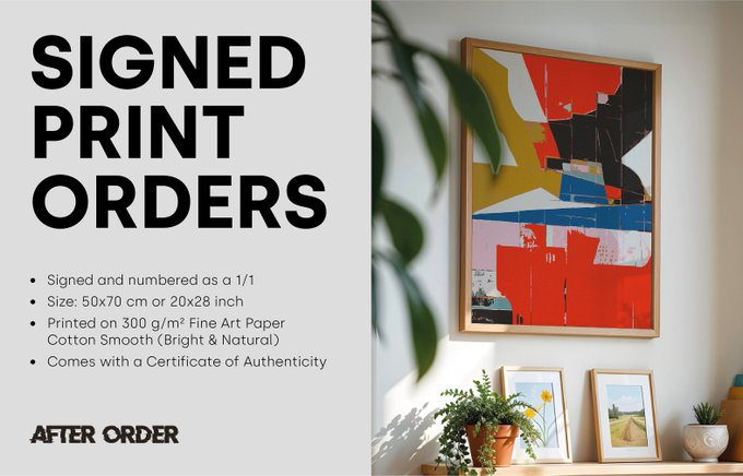 Promotional graphic for 'SIGNED PRINT ORDERS' by AFTER ORDER, advertising 50x70 cm prints on 300 g/m² Fine Art Paper Cotton Smooth, with a photo of a framed abstract artwork hanging on a wall.