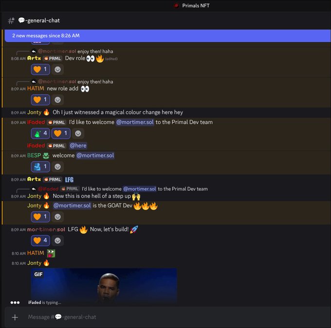 Screenshot of the "#general-chat" channel in a Primals NFT Discord server showing welcoming messages for new member @mortimer.sol, with users like iFaded, Jonty, Artz, HATIM, and mor timer.sol congratulating them on joining the Primal Dev team and reacting with fire emojis.