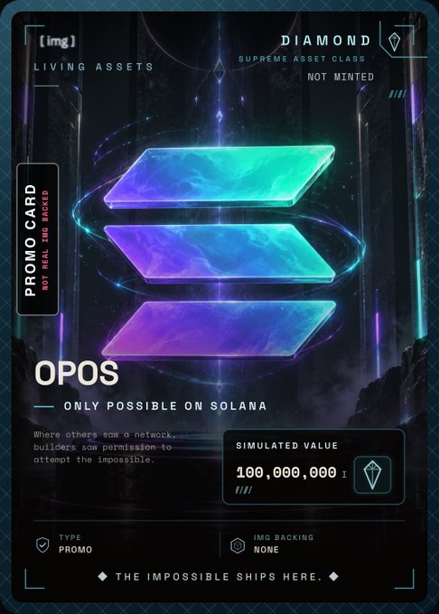 The image is a futuristic NFT promo card for OPOS (Only Possible On Solana), labeled as a "DIAMOND - SUPREME ASSET CLASS" and "NOT MINTED" within the IMG Living Assets series. The card features the iconic three-stripe Solana logo rendered in glowing blue and purple cosmic gradients, with a simulated value of 100,000,000 I, reinforcing the post's message that OPOS is showcased on IMG's Living Cards.