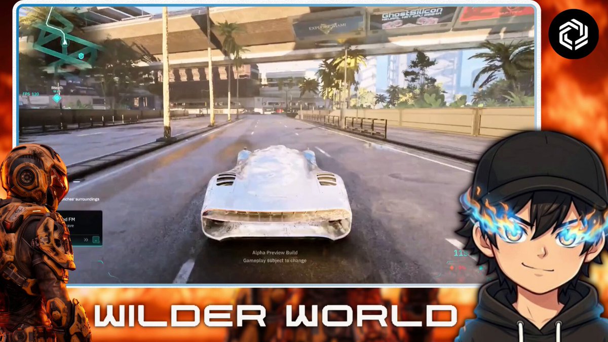 The image features a cartoon boy wearing a black cap with blue eyes who appears to be playing an online video game called Wilder World. The boy is standing next to a car, which seems to be driving down a street or road. There are also other cars and buildings visible in the scene, giving it a sense of a bustling city environment. The image includes text that reads "@WilderWorld Web3", "@Immutable", and "@0xPolygon ecosystem No PS5". This suggests that the game is part of an open world gaming experience with elements of web3 technology integrated into the gameplay.