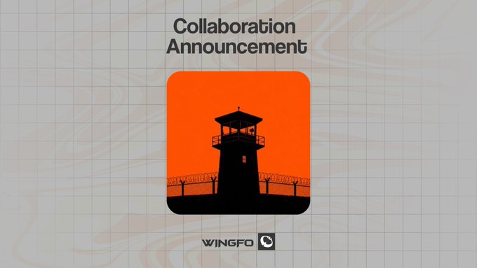 A collaboration announcement graphic featuring a silhouetted prison watchtower against an orange sky, branded with the Wingfo logo, to introduce a partnership with @GreatescapeHQ_ — a character-driven universe centered on prison life, rebellion, and survival, with a supply of 4,444 prisoners.
