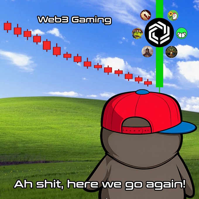 A cartoon character in a red and blue cap stands before a descending red candlestick chart labeled 'Web3 Gaming,' with the text 'Ah shit, here we go again!' at the bottom.