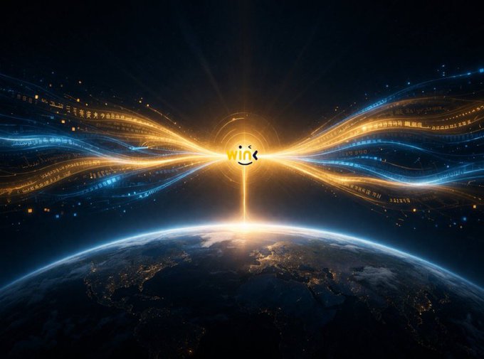 A view of Earth from space features a glowing winged emblem labeled "Wink" with blue and gold digital streams radiating outward, symbolizing the global reach of intelligent, autonomous blockchain technology described in the accompanying post about smart contracts and AI-driven networks.