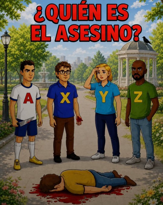 This cartoon illustration presents a "Who is the murderer?" mystery ('¿QUIÉN ES EL ASESINO?'), showing four suspects labeled A, X, Y, and Z standing near a bloody body in a park.