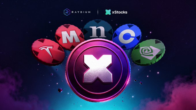 The image features a circular logo with an X inside of it, surrounded by five different colored balls that are also circles. The text "Raydium" appears at the bottom of the image. Below this, there's a caption that reads "LP xStocks and earn xPoints on Raydium." This suggests that the image is related to a gaming or gambling platform where players can win points by matching the X with its corresponding color ball in the circles.