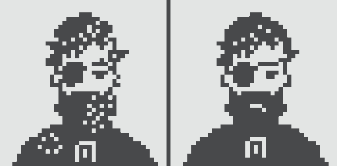 A black and white pixel art image showing two side-by-side 8-bit style portraits of a young man with curly hair and a small mark on his cheek, wearing a shirt with what appears to be an 'in' or 'ni' logo.