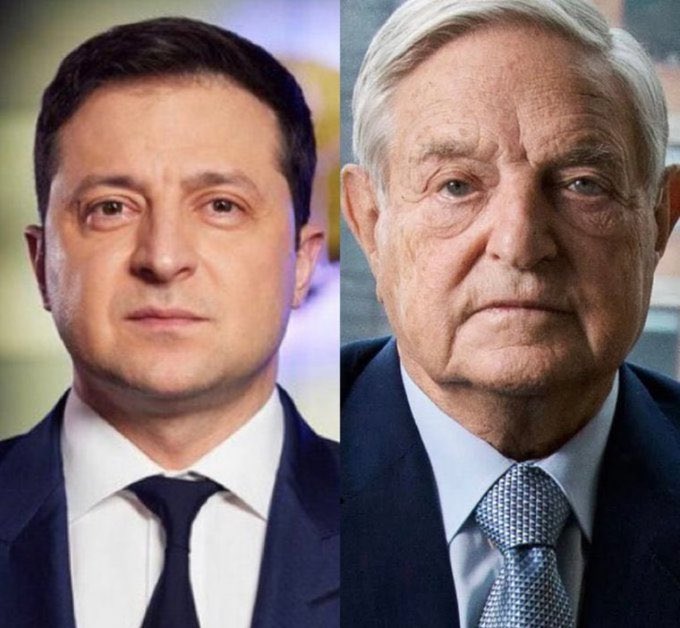 A side-by-side photo of Volodymyr Zelensky and George Soros, both in dark suits.