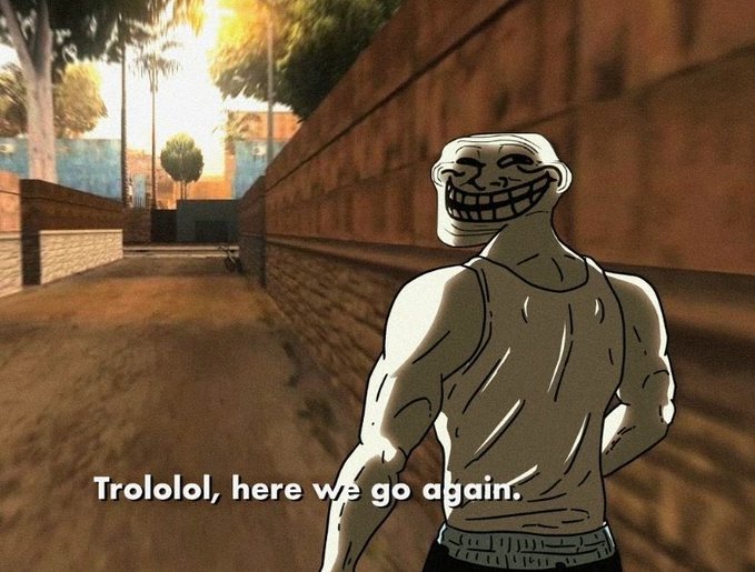 A screenshot from a video game featuring a muscular 'Troll' character with the classic 'Trollface' smiling in an alleyway. The caption reads 'Trololol, here we go again.'