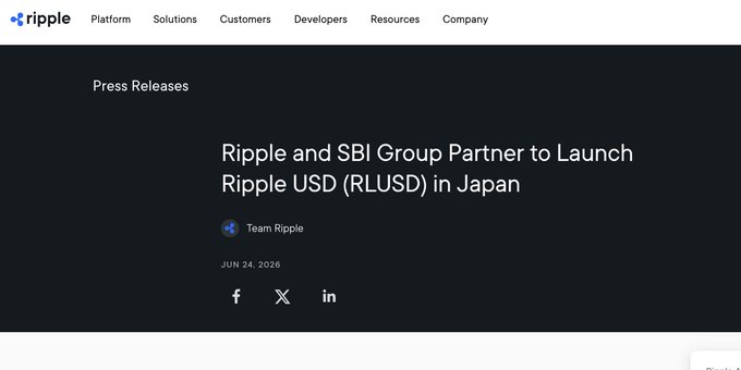 A press release announcement from Ripple dated June 24, 2026, titled "Ripple and SBI Group Partner to Launch Ripple USD (RLUSD) in Japan," highlighting the company's expansion of its stablecoin into the Japanese market in collaboration with longtime partner SBI Group.