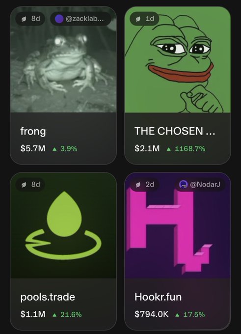A dashboard displaying four trending meme tokens: frong at $5.7M (+3.9%), THE CHOSEN at $2.1M (+1168.7%), pools.trade at $1.1M (+21.6%), and Hookr.fun at $794.0K (+17.5%).