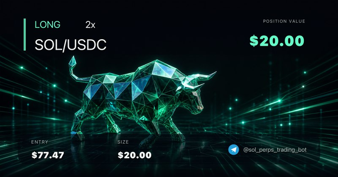 The image shows a Telegram-based perpetual futures bot by @sol_perps_trading_bot, displaying a LONG 2x SOL/USDC position with a $20.00 position value, $77.47 entry price, and $20.00 size, featuring a green geometric bull graphic. It illustrates the post's message about using the Perpdex Telegram bot to trade SOL futures directly within Telegram.