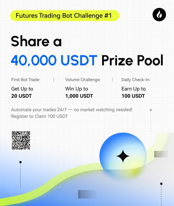 A promotional graphic for "Futures Trading Bot Challenge #1" highlighting a shared 40,000 USDT prize pool, with three reward tiers: up to 20 USDT for a first bot trade, up to 1,000 USDT for the volume challenge, and up to 100 USDT for daily check-ins. The design features a blue gradient sphere with a spark icon and a QR code, aligning with the post's message about automating trades 24/7 without watching the markets.