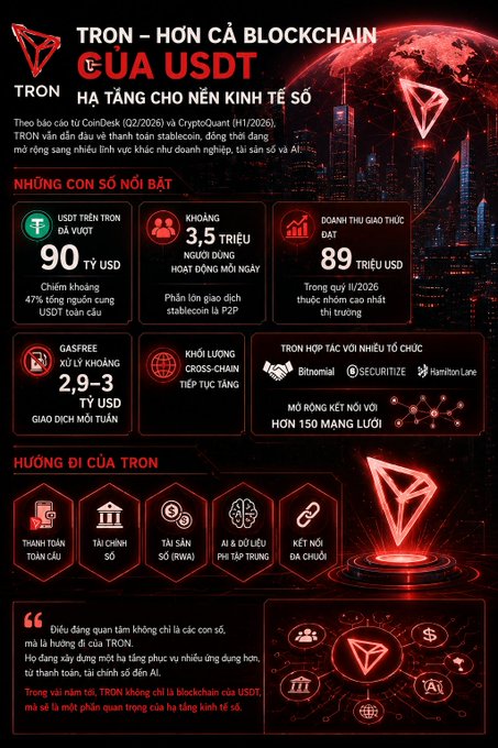 An infographic in Vietnamese about 'TRON – HỒN CÁ BLOCKCHAIN CỦA USDT', featuring statistics like 'USDT TRÊN TRON ĐÃ VƯỢT 90 TỶ USD' and details about its ecosystem.