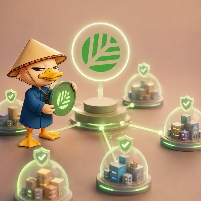 A 3D-rendered duck character wearing a traditional conical hat holds a green coin with a leaf logo, standing before a glowing emblem with networked domes containing miniature buildings.