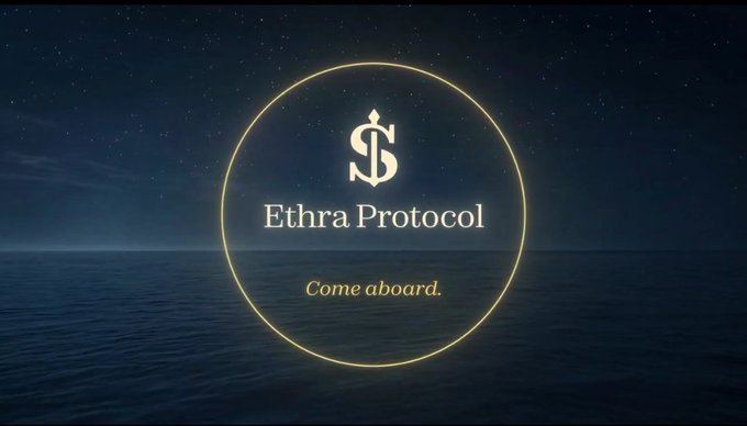 A promotional banner for 'Ethra Protocol' featuring its logo in a glowing circle over a starry night ocean background, with the tagline 'Come aboard.'