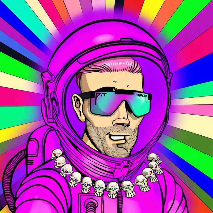 A vibrant, psychedelic pop-art style illustration of a man in a purple astronaut helmet wearing 'VIPER' sunglasses, adorned with a skull necklace against a rainbow radial background.