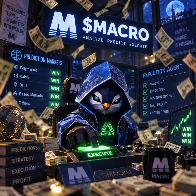 A digital artwork features a blue owl-like figure in a hooded cloak pressing an 'EXECUTE' button, with '$MACRO' branding and screens showing 'PREDICTION MARKETS' (Polymarket, Kalshi, Drift, Based Markets, Others) and 'EXECUTION AGENT' (Analyzing, Executing, Position Opened, Take Profit) surrounded by falling dollar bills.