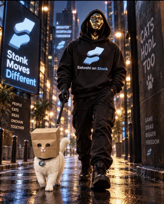A digital art piece features a figure in a black hoodie with a gold mask walking a white cat wearing a paper bag on a leash through a wet, neon-lit city street at night, with signs reading 'Stonk Moves Different,' 'Satoshi on Stonk,' 'CATS HODL TOO,' 'PEOPLE CATS IDEAS ONCHAIN TOGETHER,' and 'SAME IDEAS BIGGER FREEDOM.'