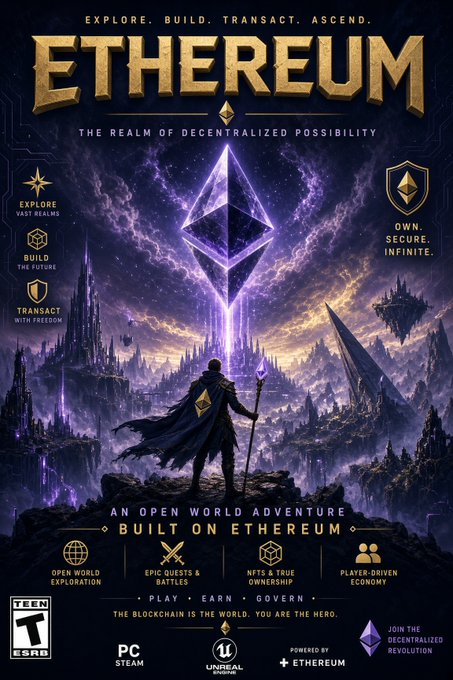 A fantasy-style Ethereum promotional poster styled like a video game cover, featuring a hooded figure with a staff before the Ethereum logo, with taglines 'EXPLORE VAST REALMS', 'BUILD THE FUTURE', 'TRANSACT WITH FREEDOM', and 'OWN. SECURE. INFINITE.'