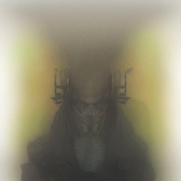The image features a person wearing a black suit with large ears, standing against a yellow background. The person's face is partially obscured by a foggy effect, giving them an ethereal appearance. The surrounding area appears to be a room or studio where the photo was taken.