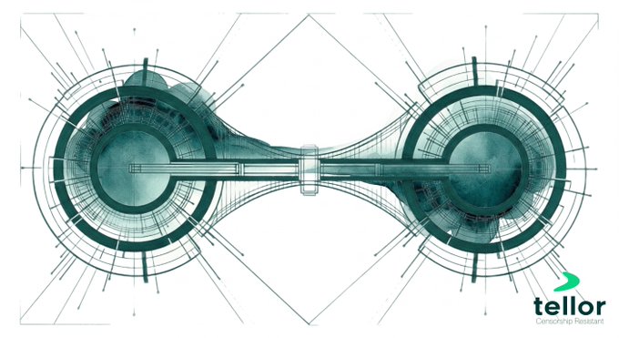 A blue and white blueprint-style illustration featuring two large mechanical gears connected by a belt, with the 'tellor Censorship Resistant' logo in the corner.