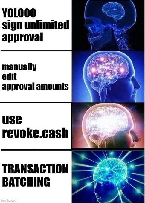 An 'expanding brain' meme with four panels showing progressively glowing brains, listing crypto features: 'YoLOOO sign unlimited approval,' 'manually edit approval amounts,' 'use revoke.cash,' and 'TRANSACTION BATCHING.'