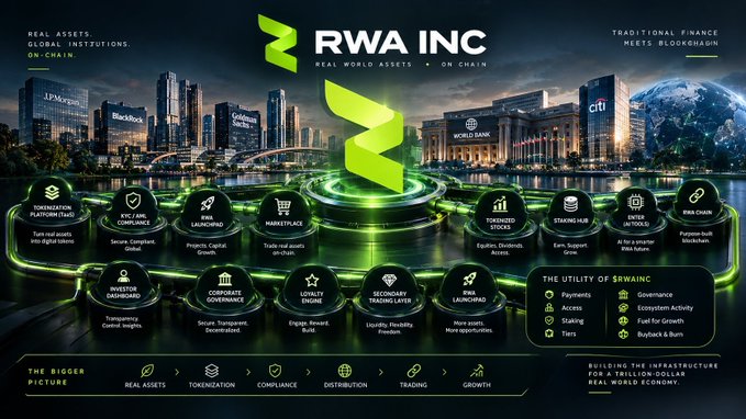 A promotional graphic for 'RWA INC' (Real World Assets on Chain), featuring a green logo over a cityscape and a circular diagram outlining tokenization infrastructure including Tokenization Platforms, KYC/AML Compliance, RWA Launchpad, Marketplace, Tokenized Stocks, Staking Hub, and RWA Chain, highlighting the utility of $RWAINC.