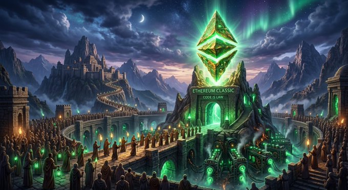 A fantasy digital artwork depicting a glowing Ethereum logo above a castle labeled 'ETHEREUM CLASSIC CODE IS LAW,' with robed figures holding torches in a mountainous landscape.
