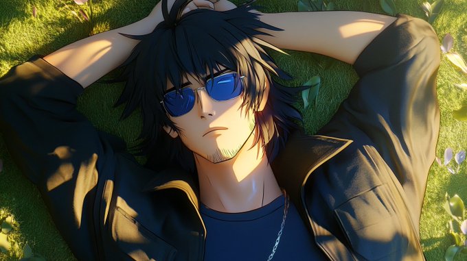 An anime-style illustration of a man with black hair wearing blue sunglasses and a black leather jacket, lying on grass with his hands behind his head.