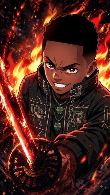 An anime-style illustration shows a young man with dark skin and short hair grinning intensely while wielding a flaming sword, wearing a jacket with "badbuta" text.